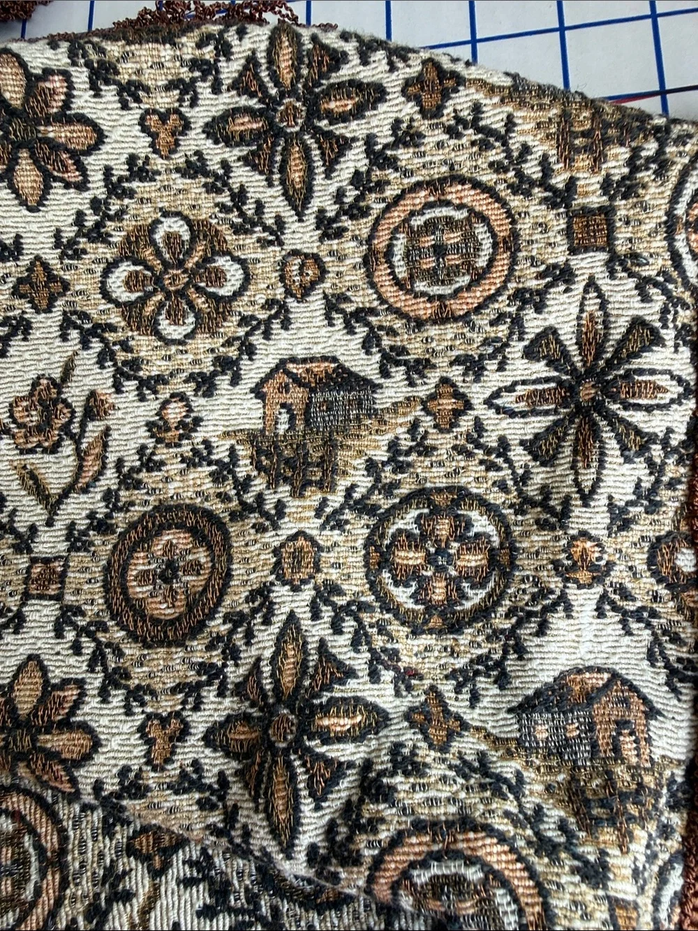 Vintage Folk Art Jacquard Woven Throw Lap Blanket Barn Floral Fringe 50x40